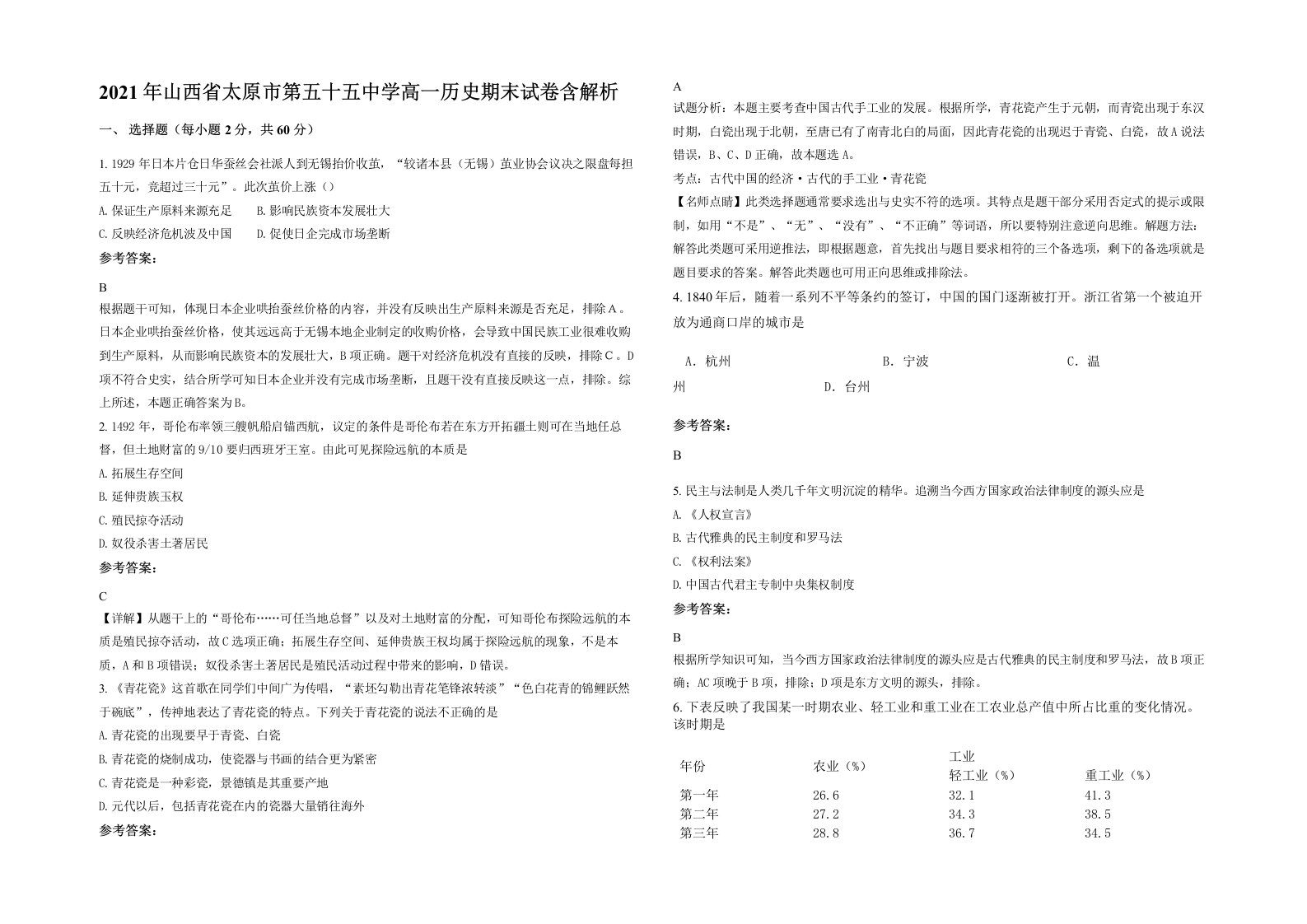 2021年山西省太原市第五十五中学高一历史期末试卷含解析