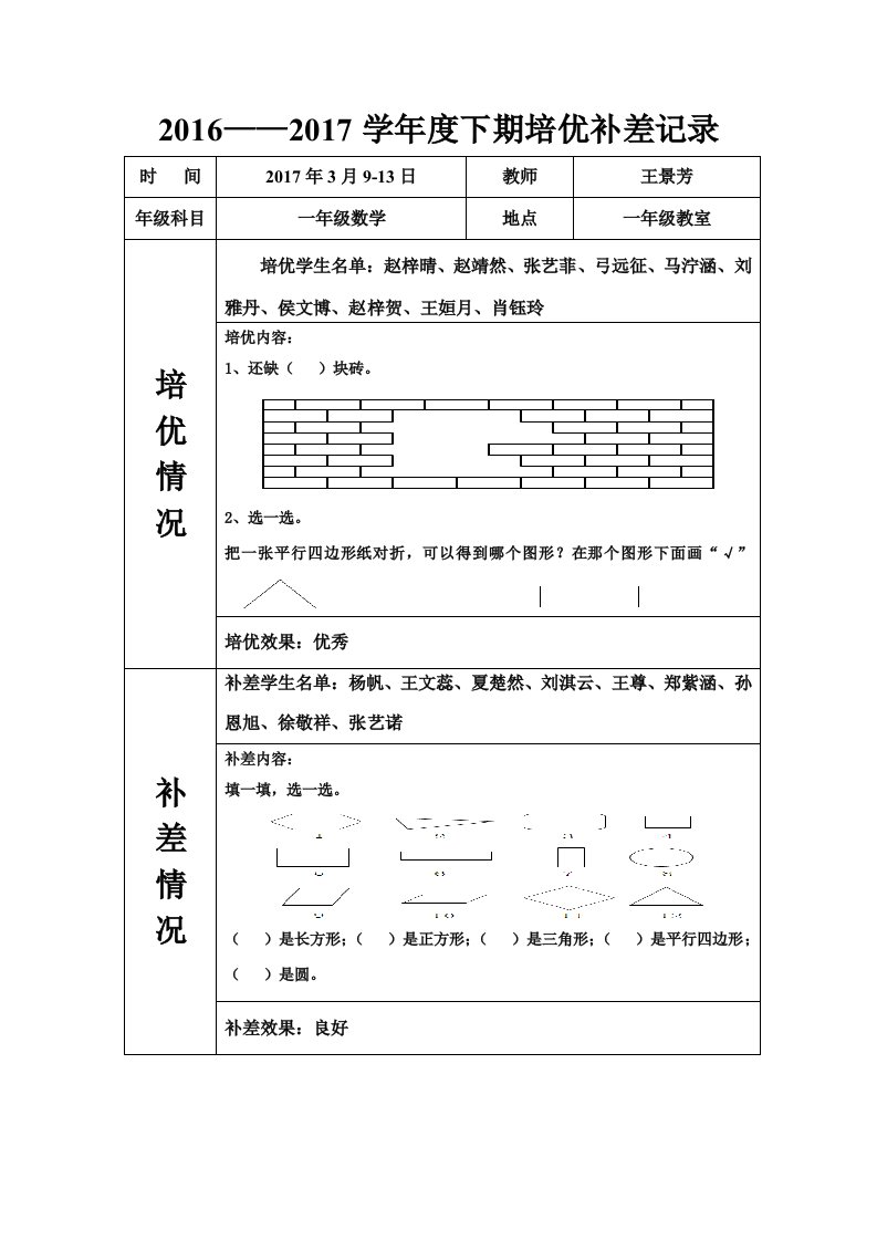 下学期一年级数学培优补差记录