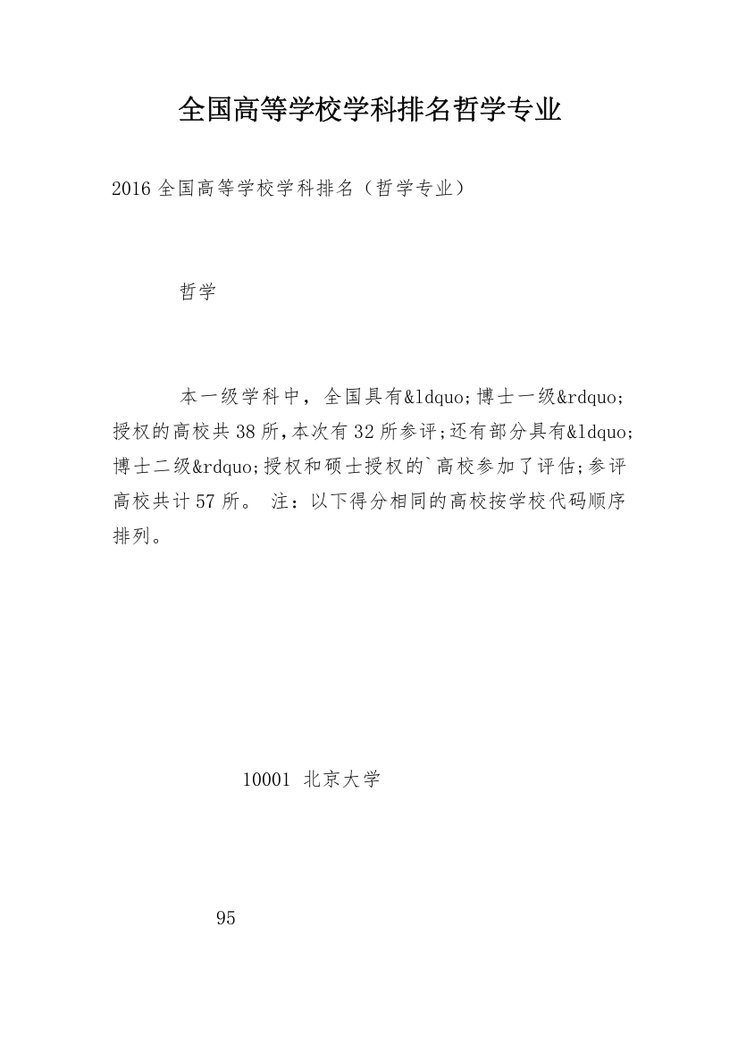 全国高等学校学科排名哲学专业