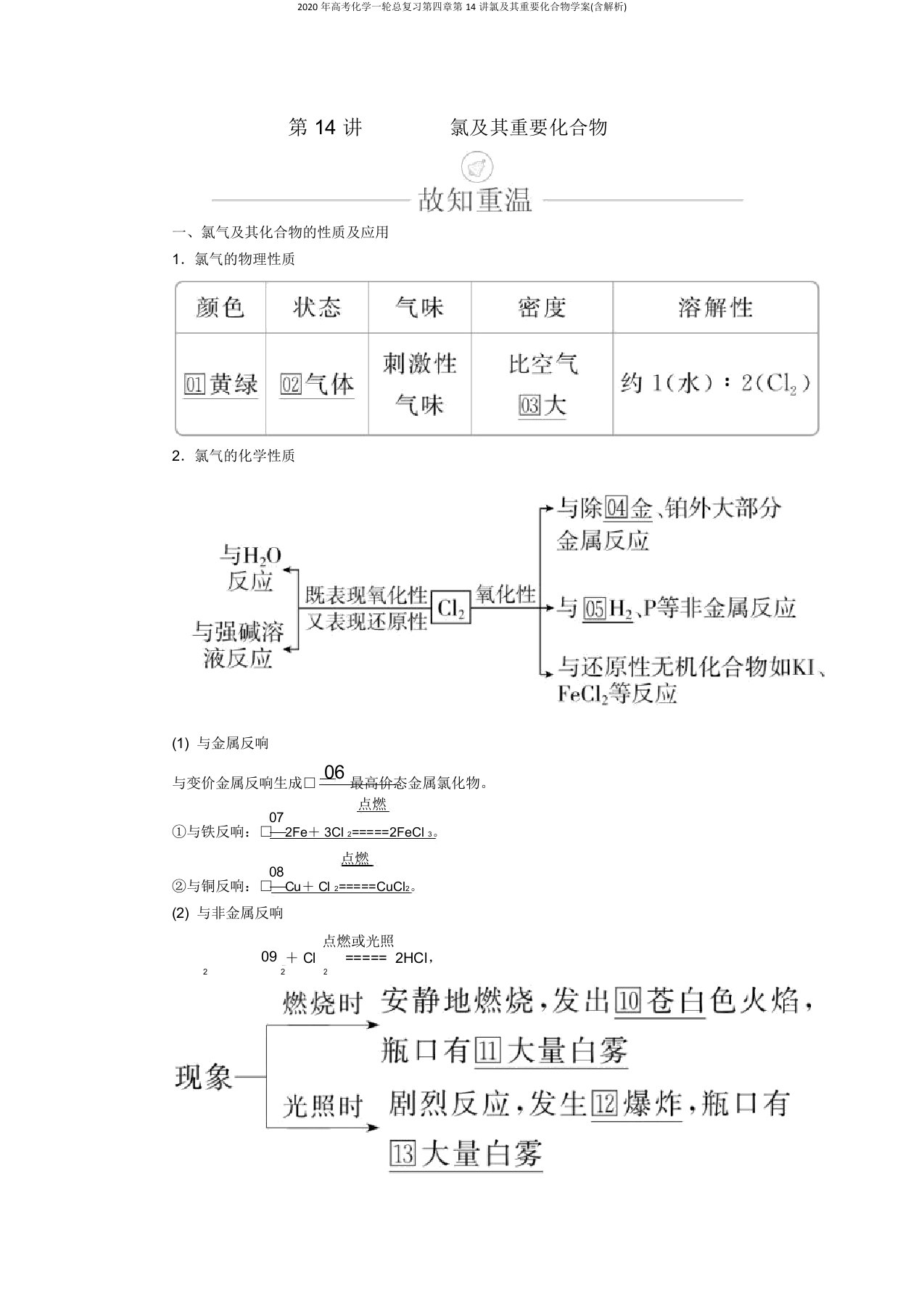 2020年高考化学一轮总复习第四章第14讲氯及其重要化合物学案(含解析)