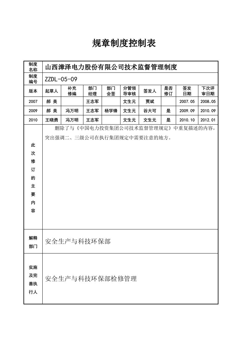 山西漳泽电力股份有限公司技术监督管理制度