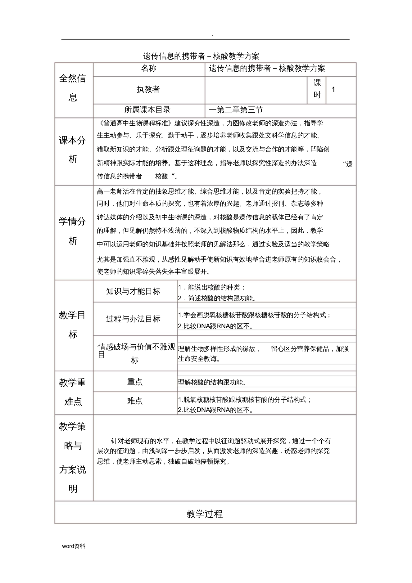 遗传信息携带者-核酸-教学设计与反思模板