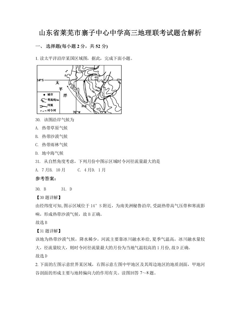 山东省莱芜市寨子中心中学高三地理联考试题含解析