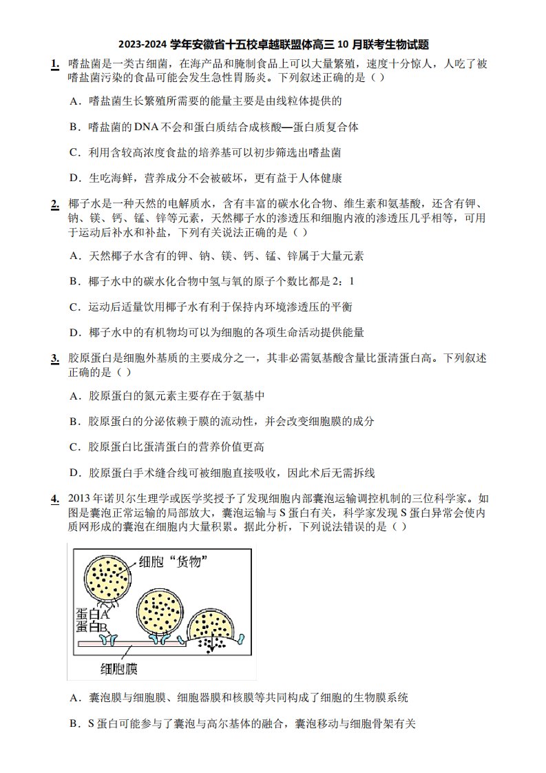 2023-2024学年安徽省十五校卓越联盟体高三10月联考生物试题