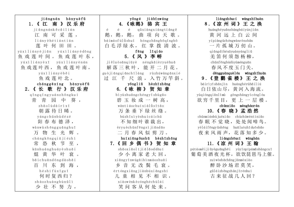 人教新课标小学生必背古诗首带拼音打印