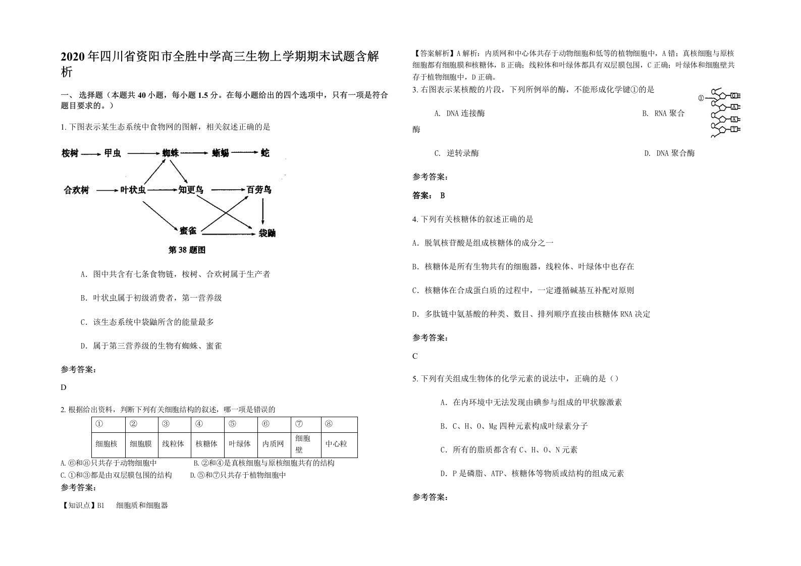 2020年四川省资阳市全胜中学高三生物上学期期末试题含解析