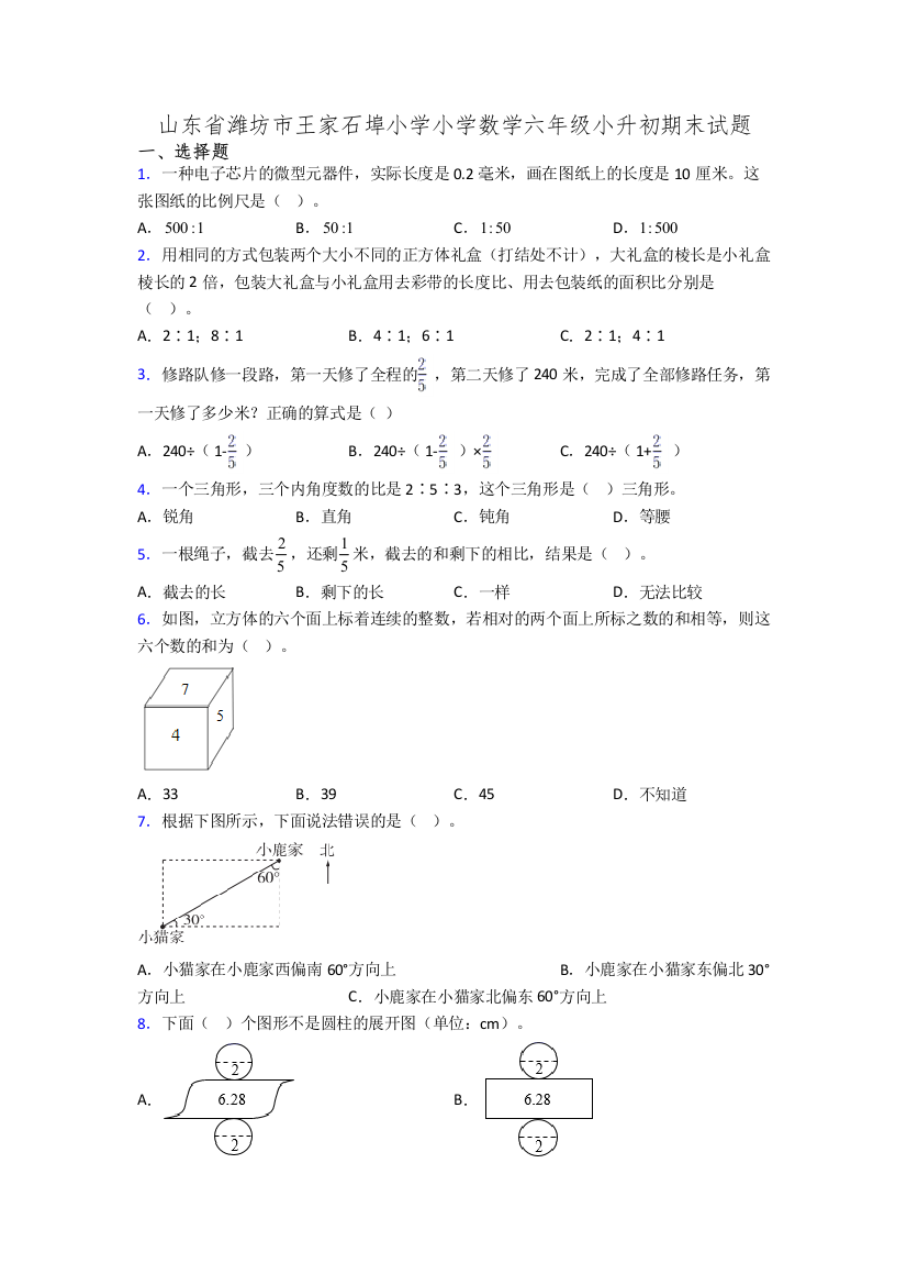 山东省潍坊市王家石埠小学小学数学六年级小升初期末试题