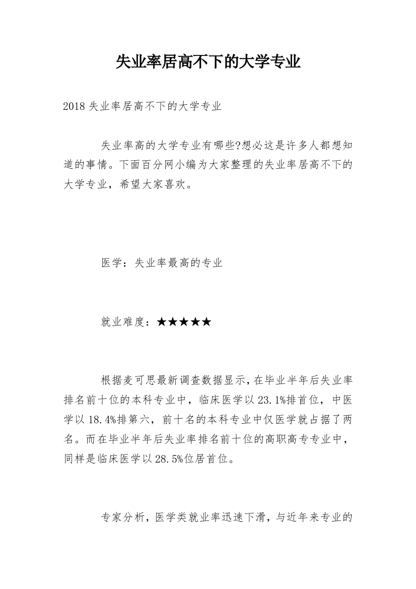 失业率居高不下的大学专业