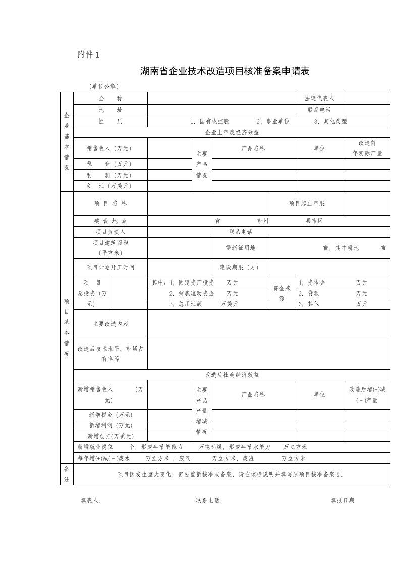 湖南省企业技术改造项目核准备案申请表