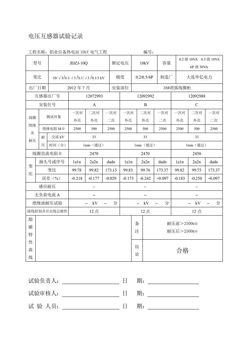 10kv(PT柜内)互感器试验记录