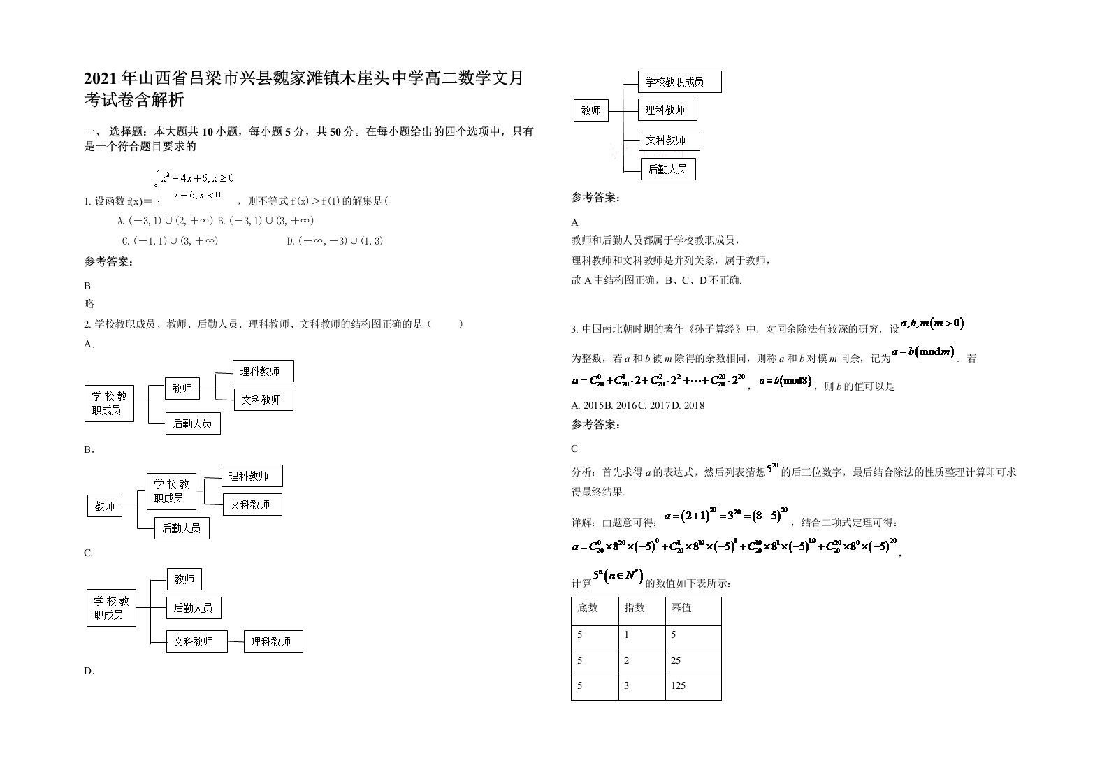 2021年山西省吕梁市兴县魏家滩镇木崖头中学高二数学文月考试卷含解析