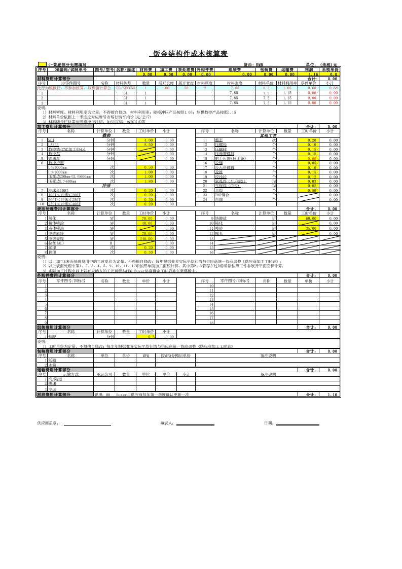 钣金结构件成本核算表(精华版)