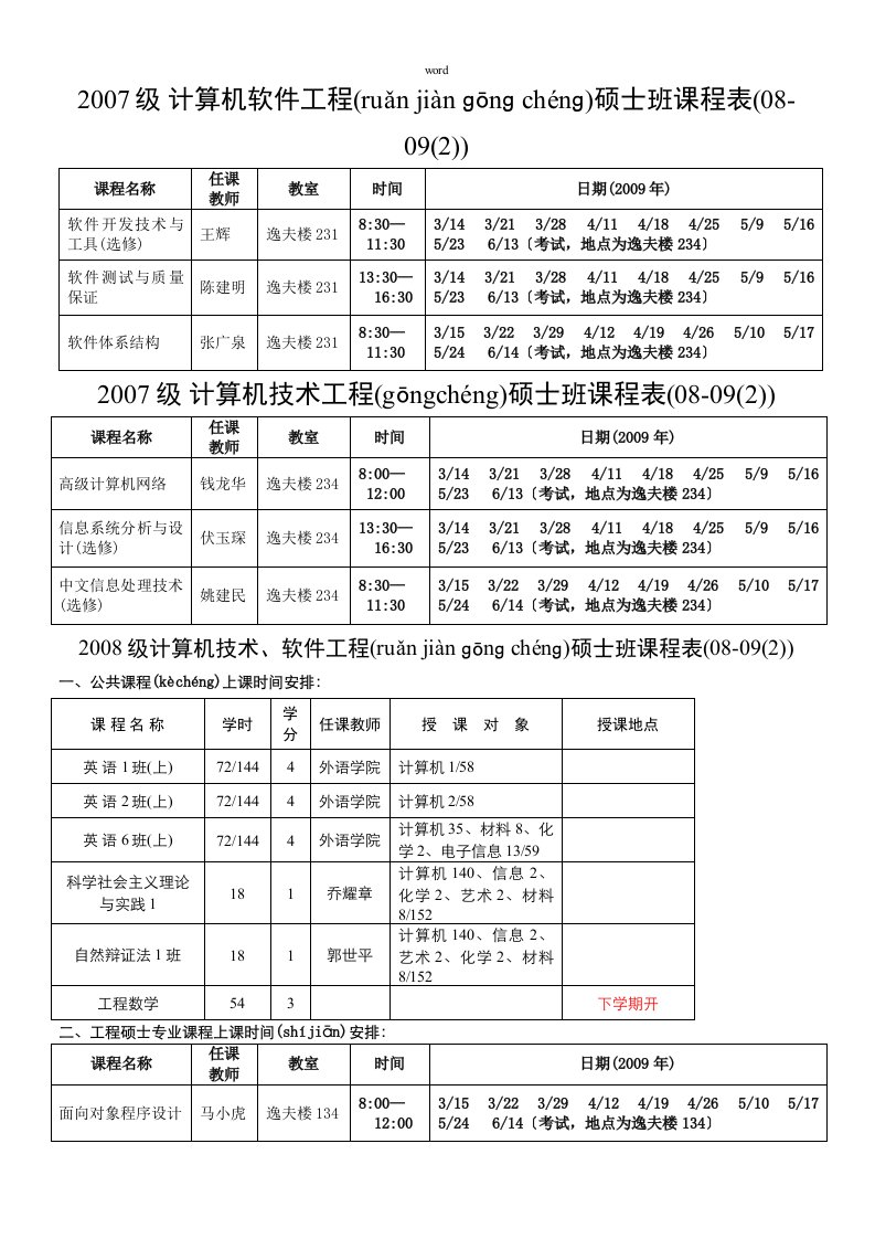 计算机软件工程硕士班课程表(2022-09(2))