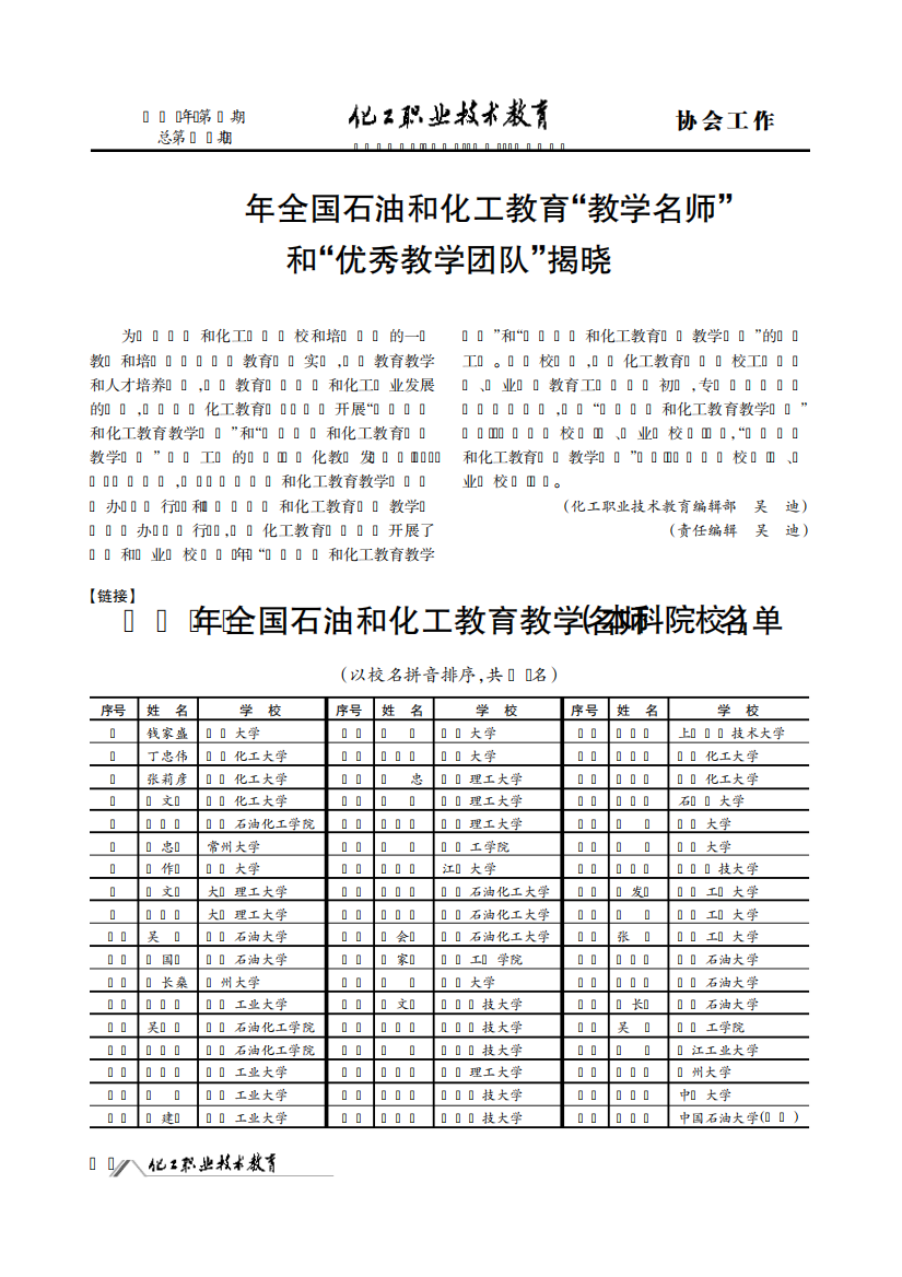 2019年全国石油和化工教育“教学名师”和“优秀教学团队”揭晓