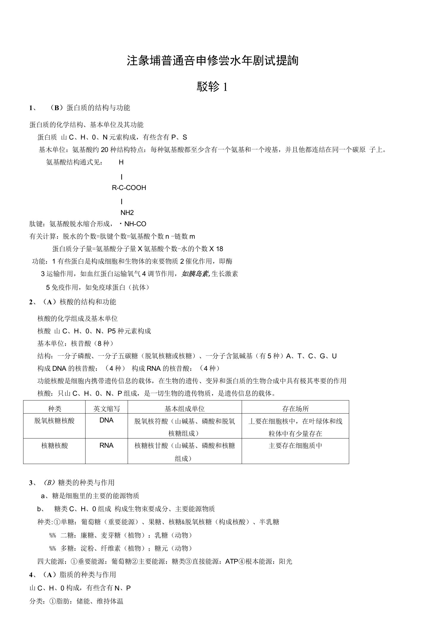 小高考复习提纲生物