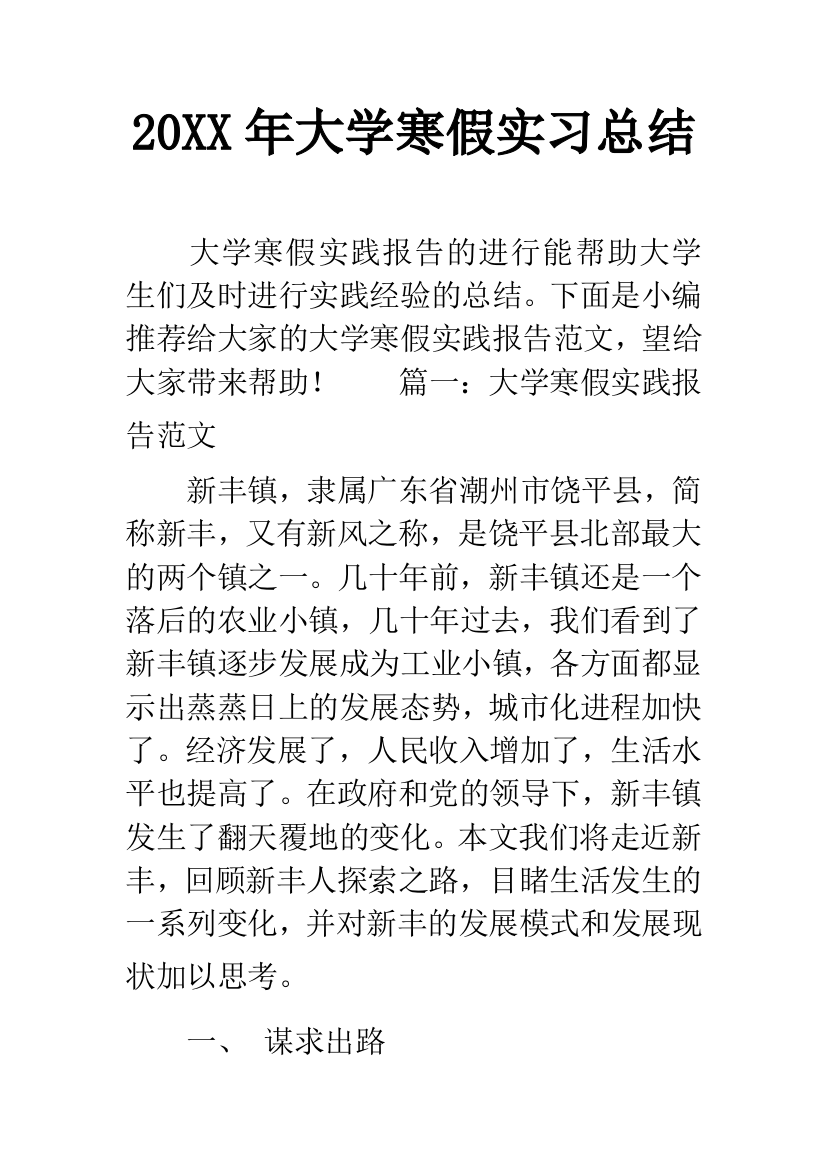 20XX年大学寒假实习总结