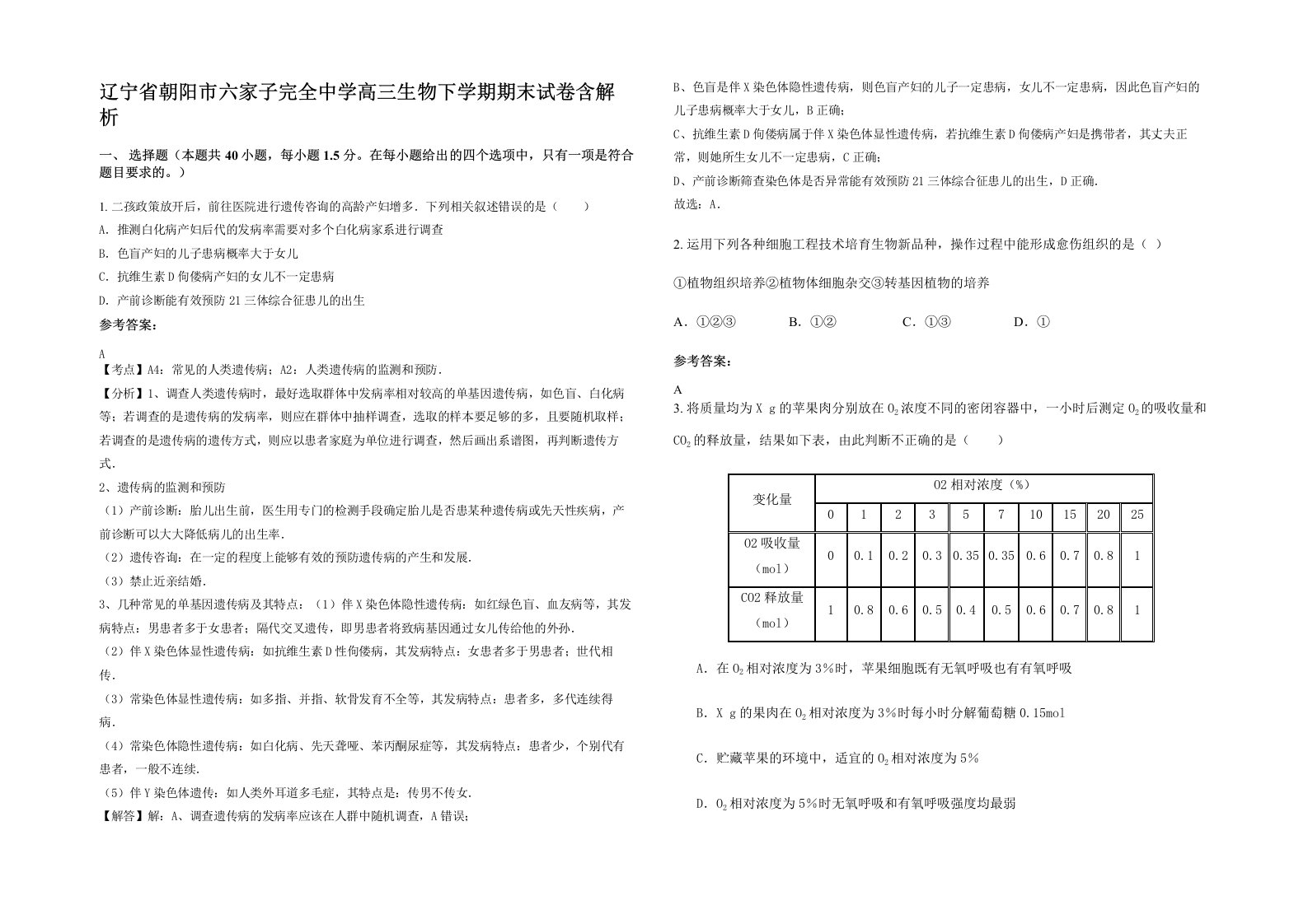 辽宁省朝阳市六家子完全中学高三生物下学期期末试卷含解析