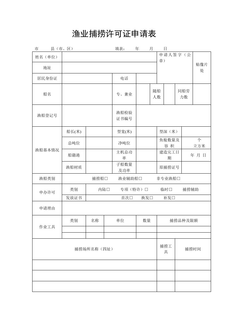 渔业捕捞许可证申请表