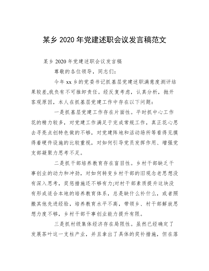 某乡2020年党建述职会议发言稿范文