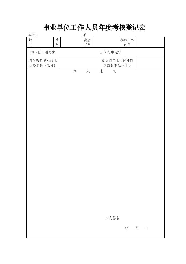 事业单位年度考核登记表(空白)