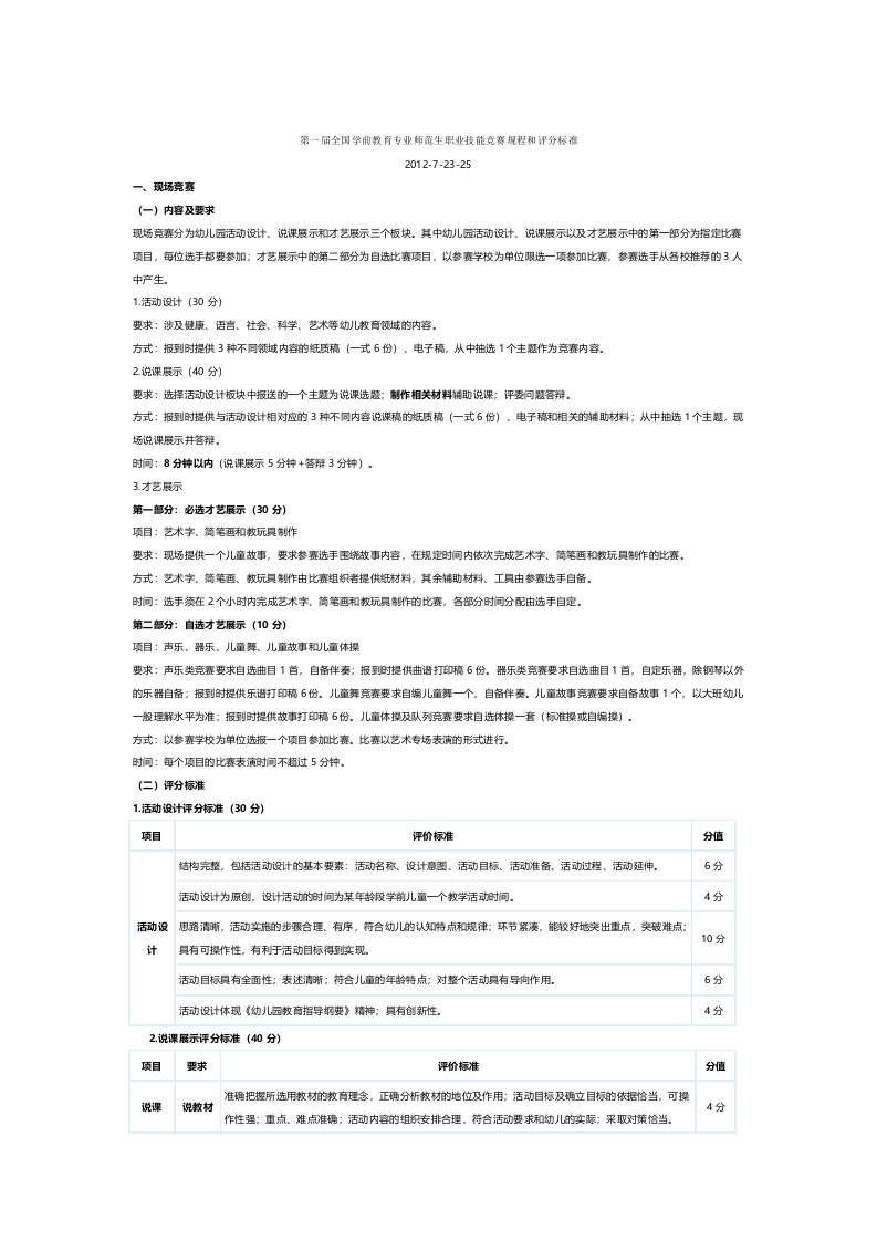 第一届全国学前教育专业师范生职业技能竞赛规程和评分标准