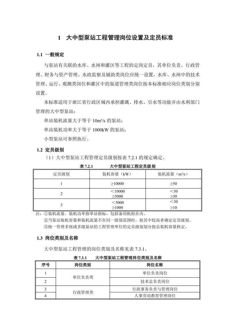 大中型泵站工程管理岗位设置及定员标准