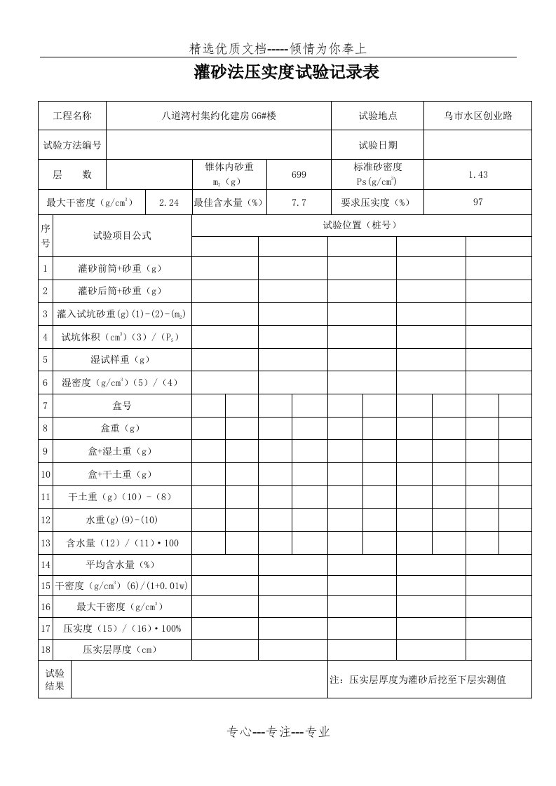 灌砂法试验记录表格(共2页)