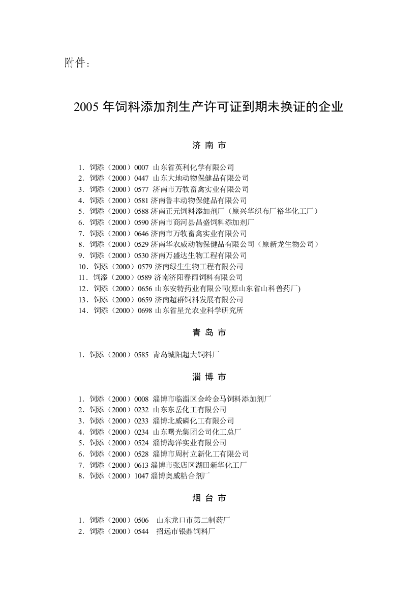 2005年饲料添加剂分娩同意证到期未换证的企业