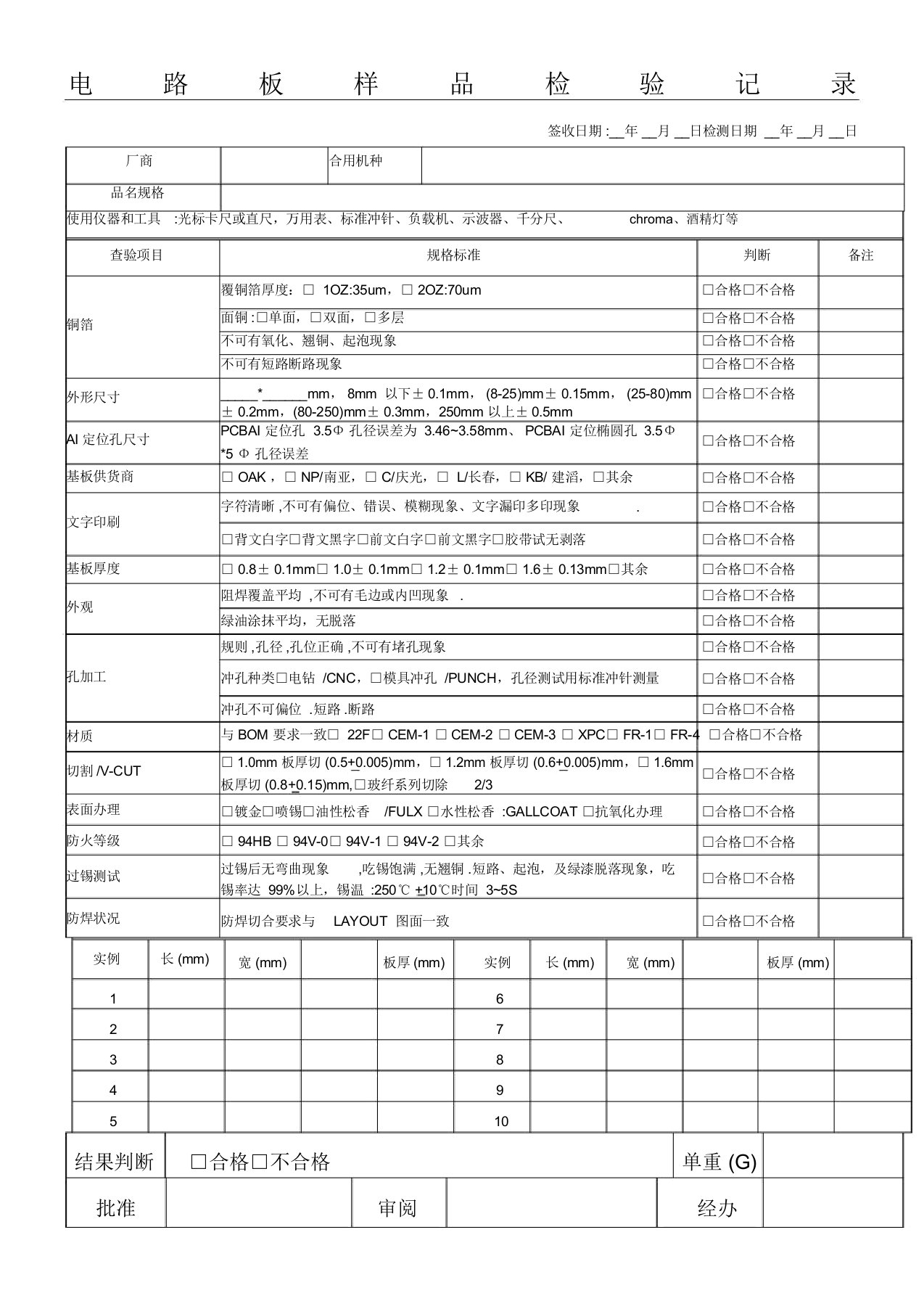 PCB板检验记录表格模板