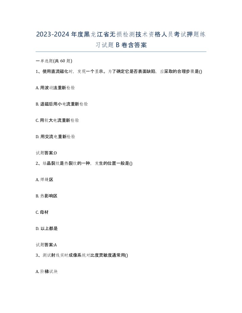 20232024年度黑龙江省无损检测技术资格人员考试押题练习试题B卷含答案