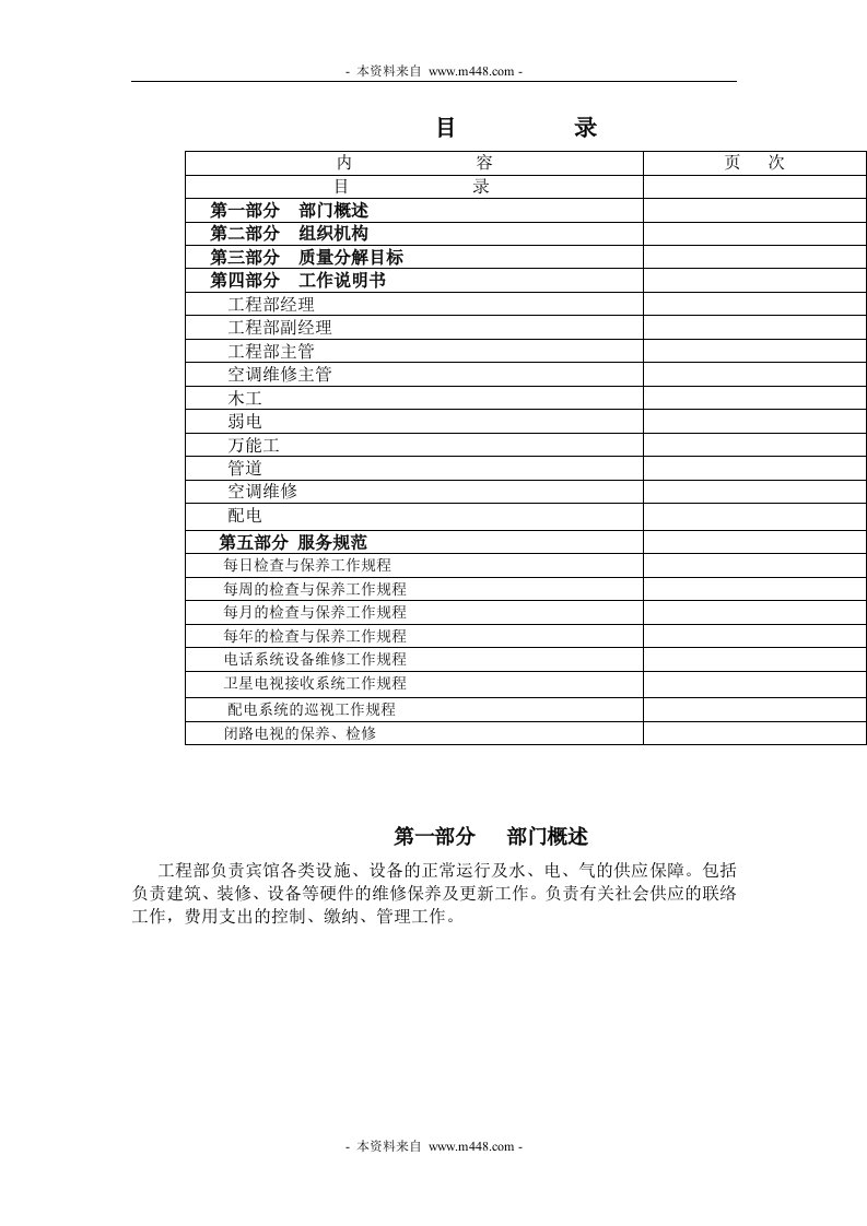 四川金钥匙饭店管理公司工程部工作手册(17页)-工程综合