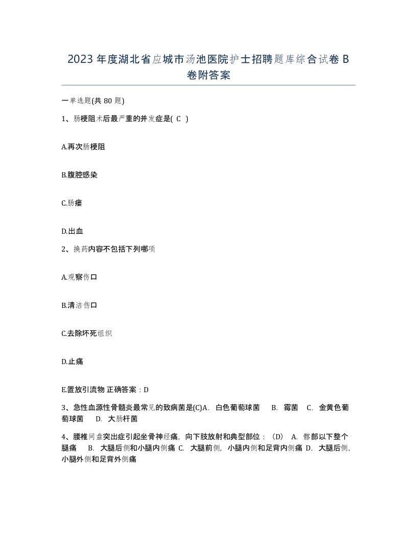 2023年度湖北省应城市汤池医院护士招聘题库综合试卷B卷附答案