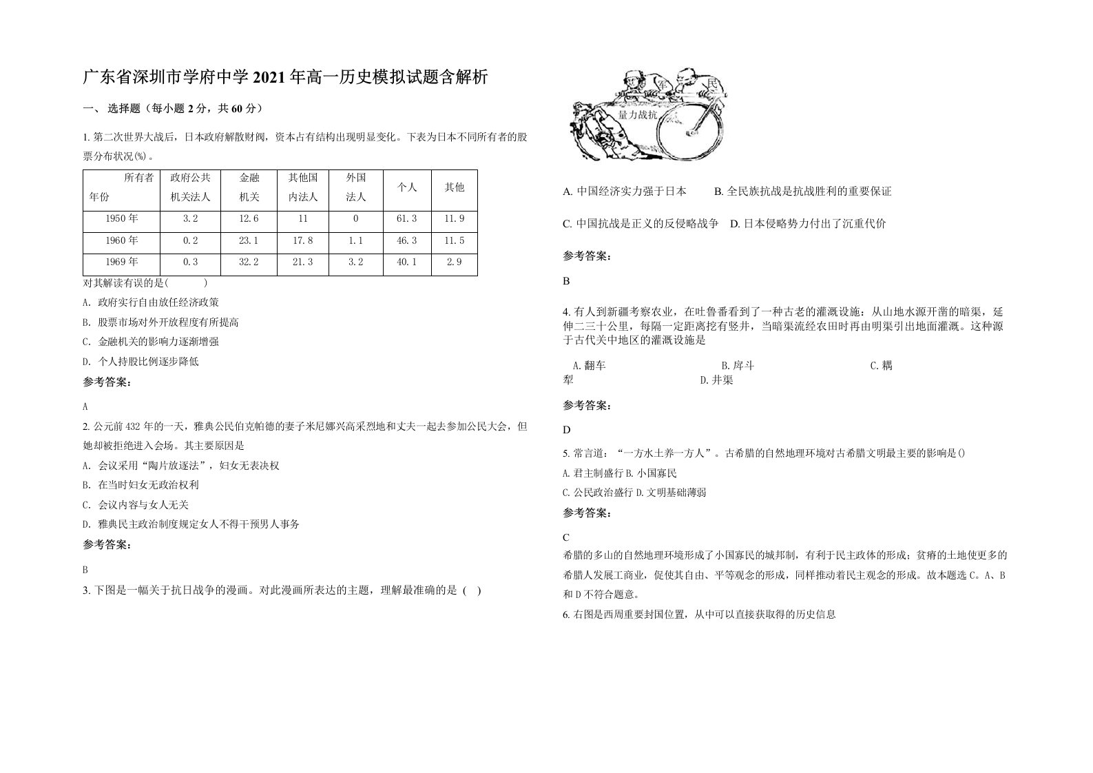 广东省深圳市学府中学2021年高一历史模拟试题含解析