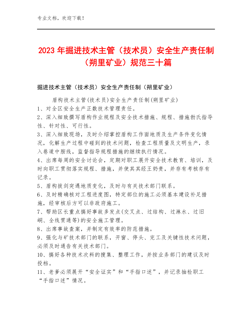 2023年掘进技术主管（技术员）安全生产责任制（朔里矿业）规范三十篇