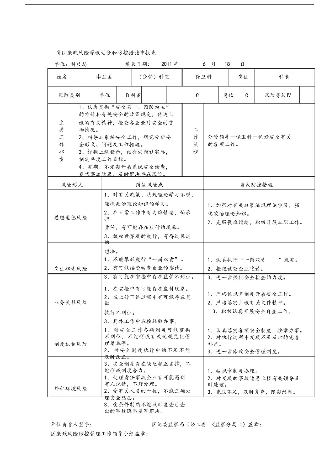 保卫科岗位廉政风险等级划分和防控措施