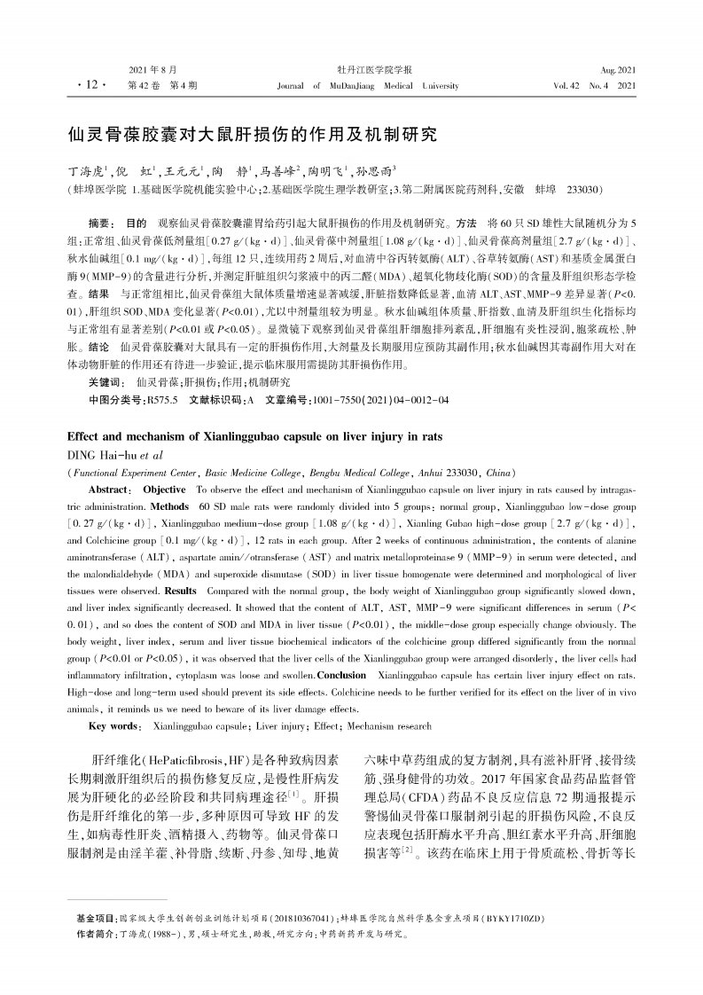 仙灵骨葆胶囊对大鼠肝损伤的作用及机制研究