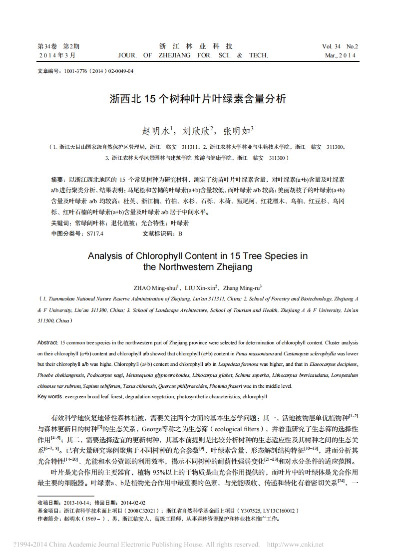 浙西北15个树种叶片叶绿素含量分析