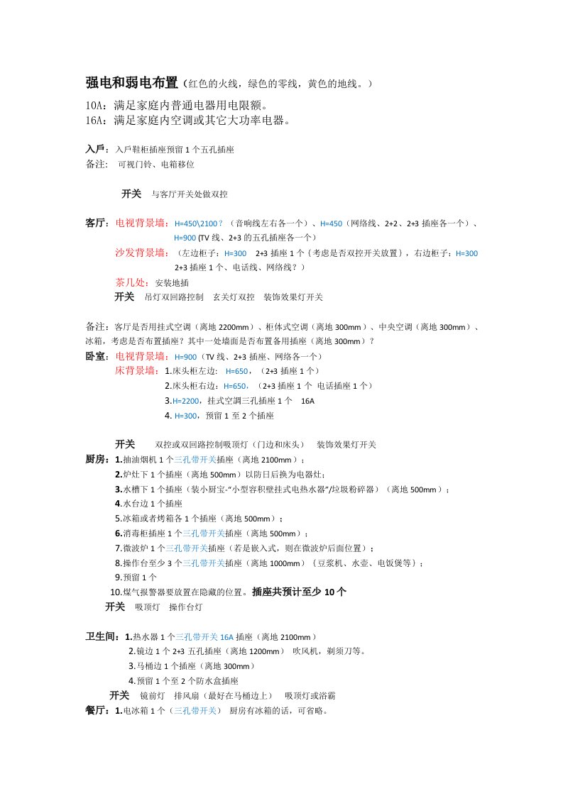 水电布置开关插座分类及个房间安装数量