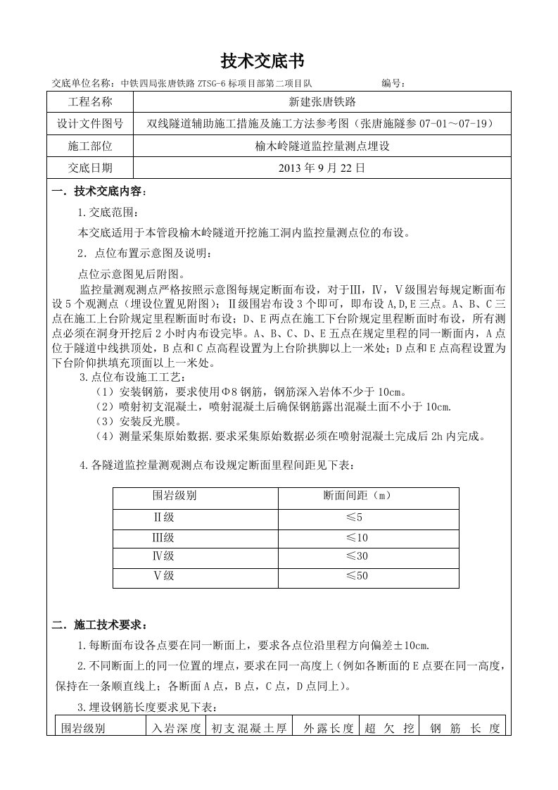 隧道洞内监控量测点布设施工技术交底书