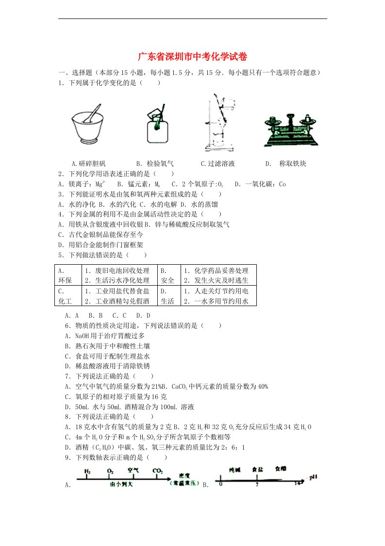 广东省深圳市中考化学真题试题