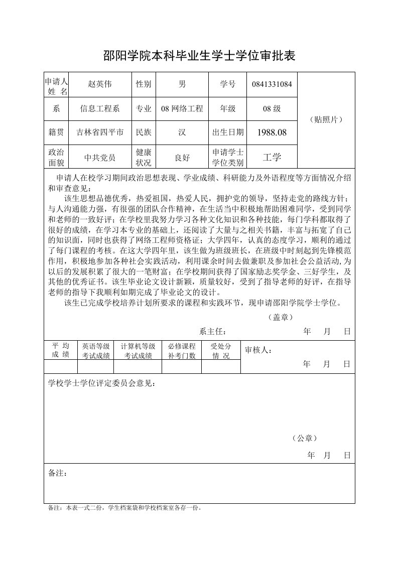 某某的学士学位审批表