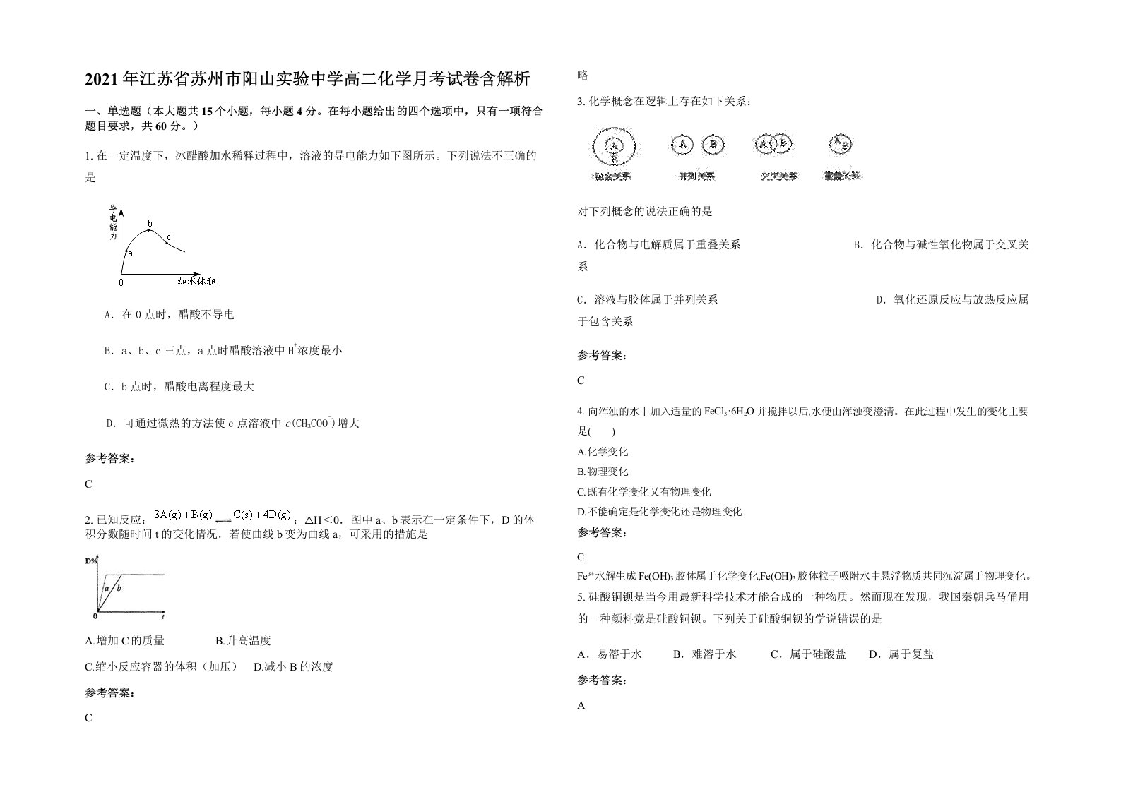 2021年江苏省苏州市阳山实验中学高二化学月考试卷含解析