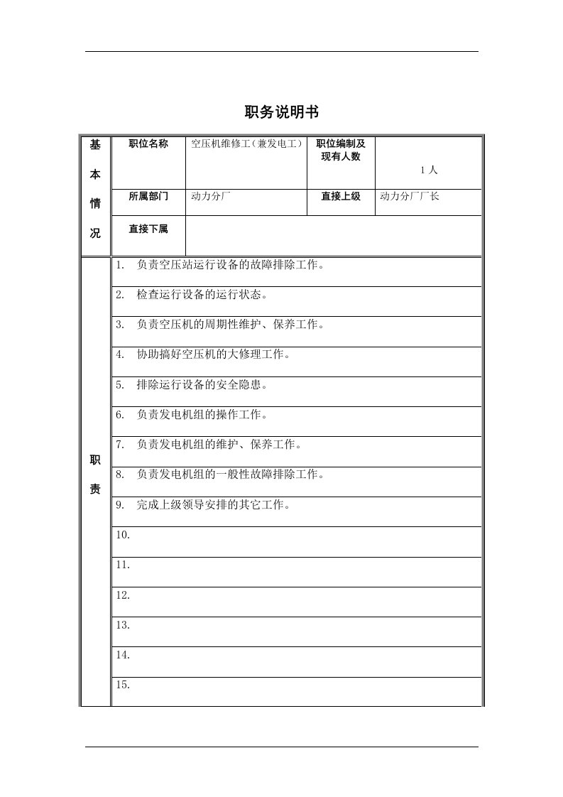 空压机维修工（兼发电工）岗位说明书