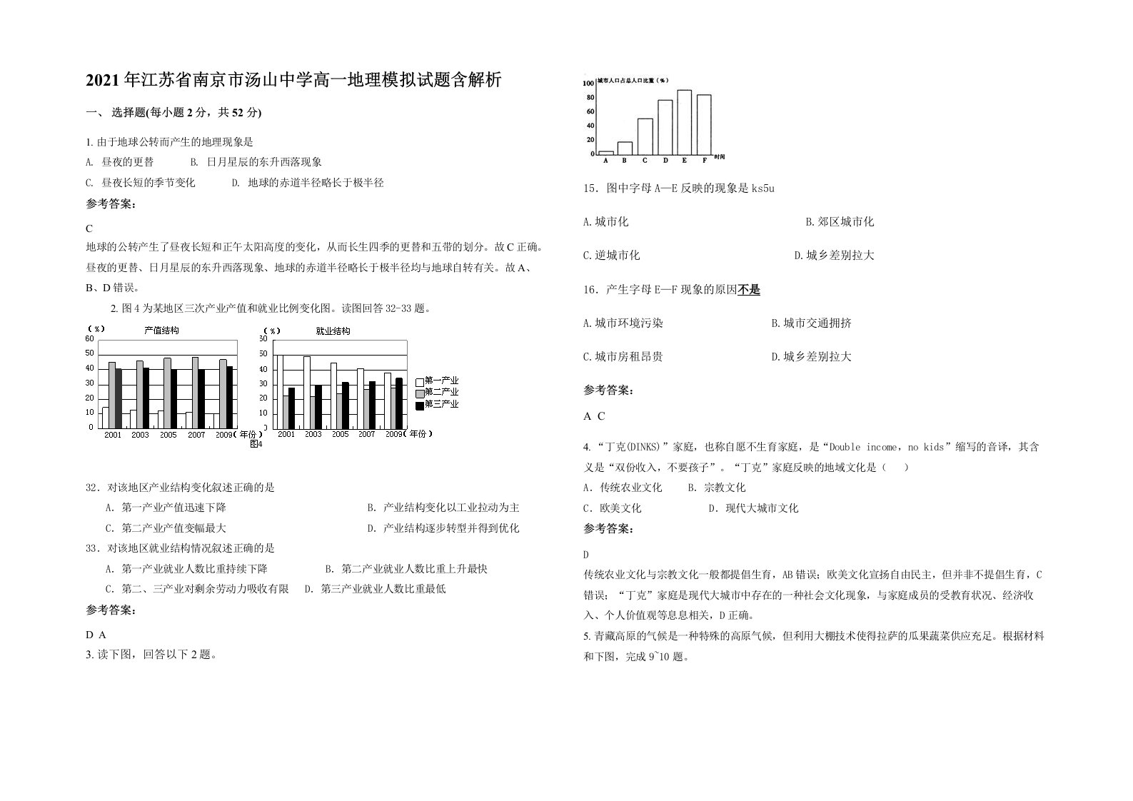 2021年江苏省南京市汤山中学高一地理模拟试题含解析