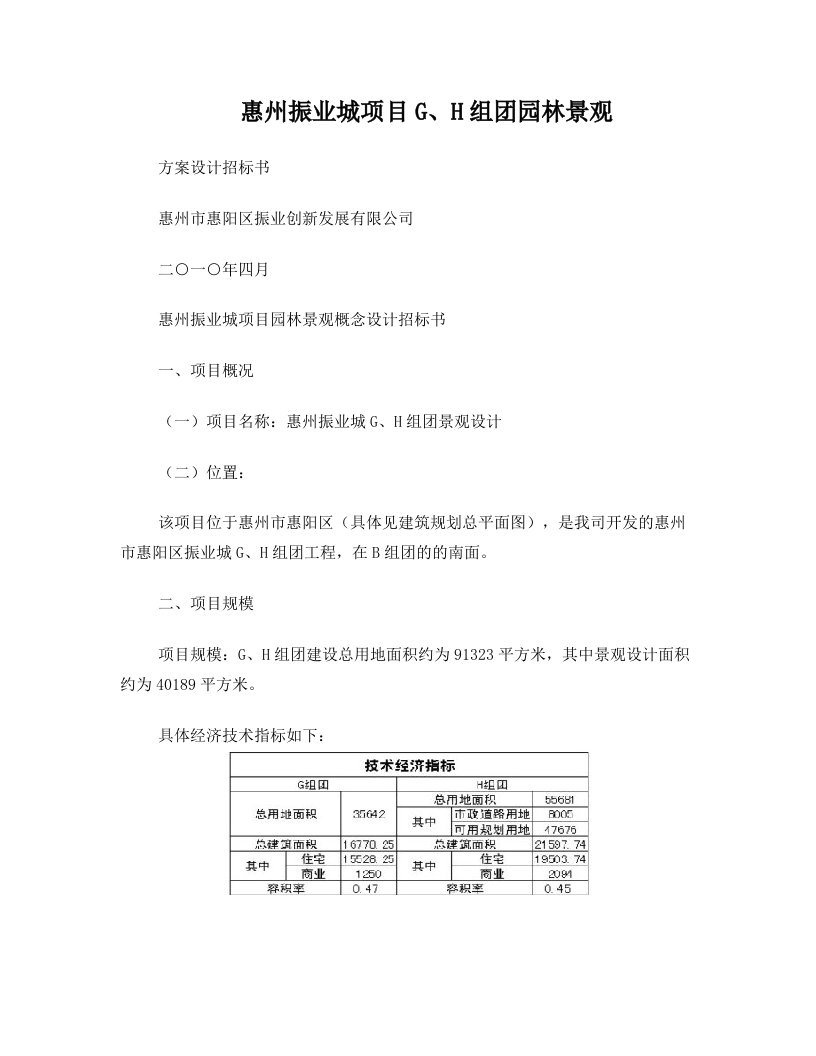 惠阳振业GH组团项目景观方案设计招标文件