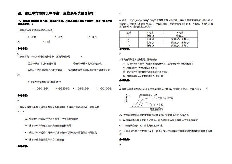 四川省巴中市市第九中学高一生物联考试题含解析