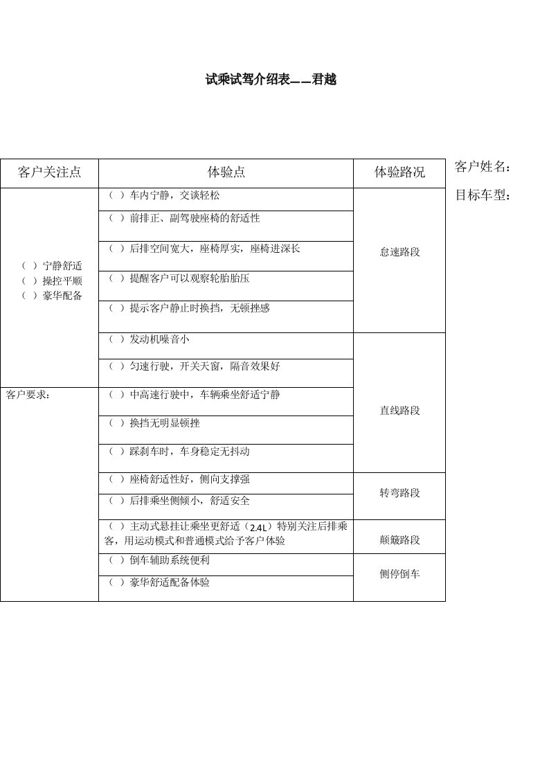 试乘试驾体验点介绍表