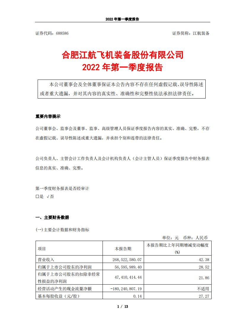 上交所-江航装备2022年第一季度报告-20220427