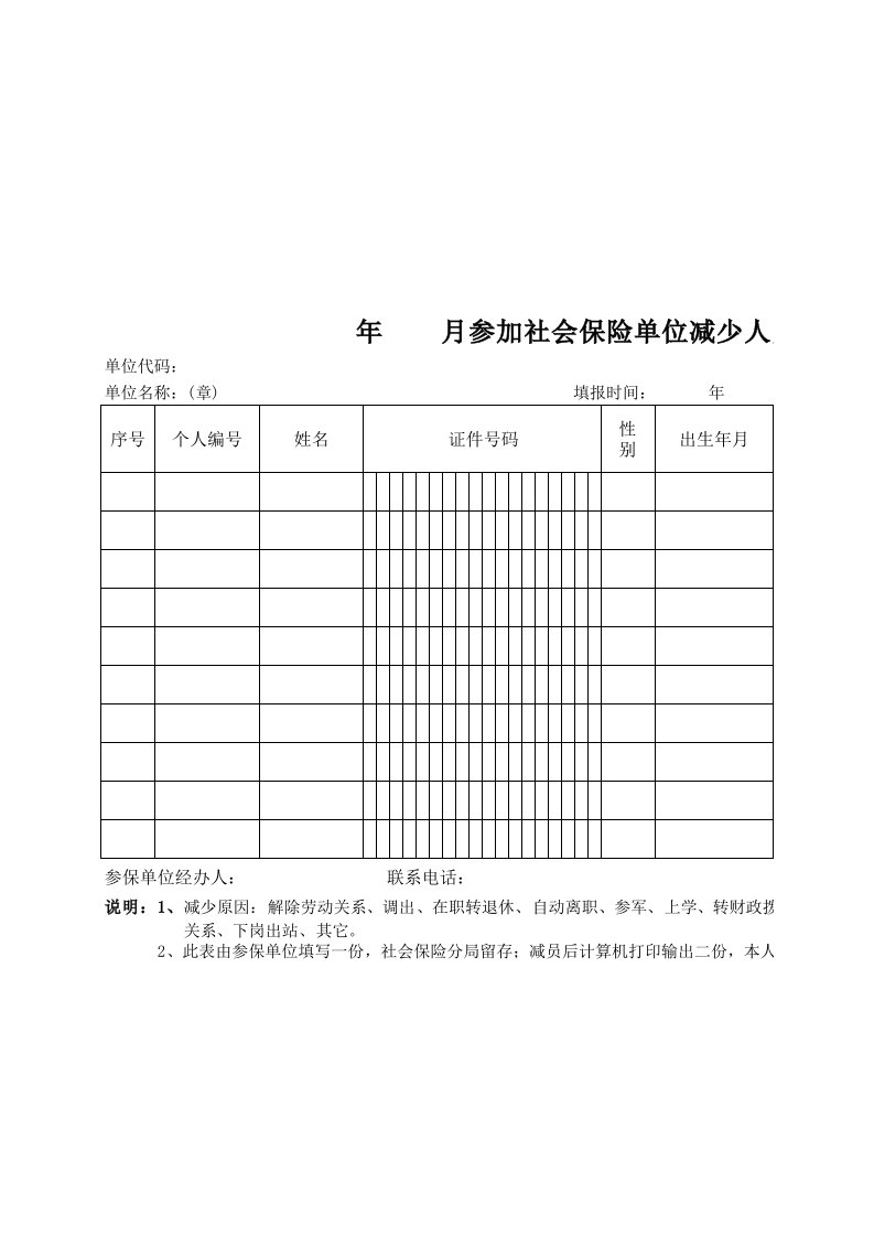 参加社会保险单位减少人员申报表