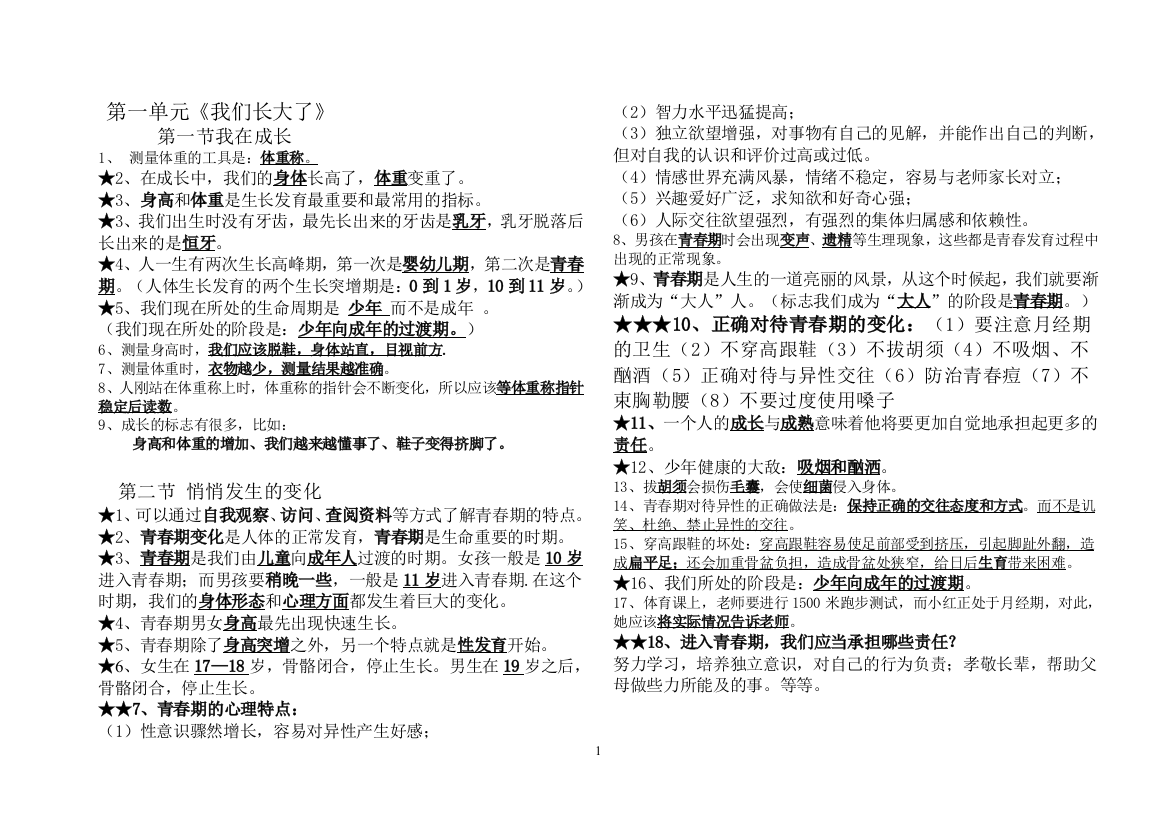 苏教版六年级科学下册第一单元《我们长大了》全面知识点归纳